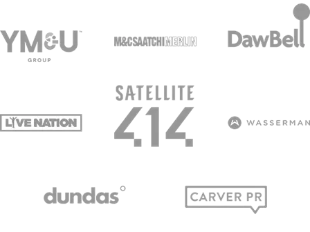 Agency logos showing Carver PR, Dundas, Dawbell and more.