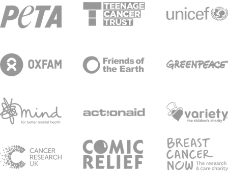 Charities logos including Cancer Research UK, Comic Relief, Greenpeace and more.